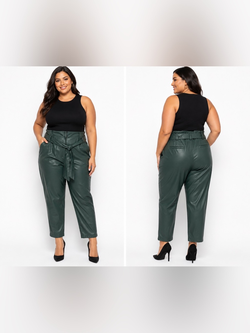 NY & Company Faux Leather High Waist Belted Straight Leg Dark Green Pants SZ 16